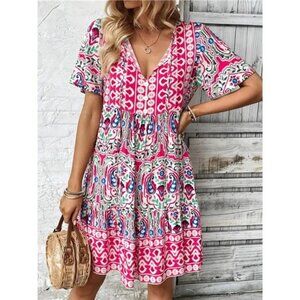 Printed Tie Neck Short Sleeve Dress